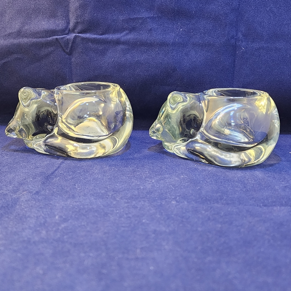 Indiana Glass Vintage Pair of Sleeping Cat Kitten Votive Crystal Candle Holder